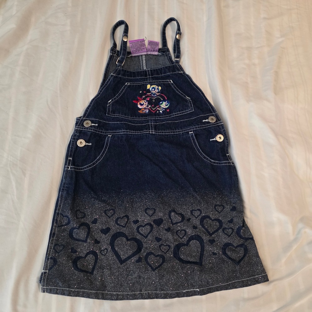 Powerpuff Girls Girls Denim Jumper Dress Kids 6/6X Blue Glitter Heart Y2K 2002